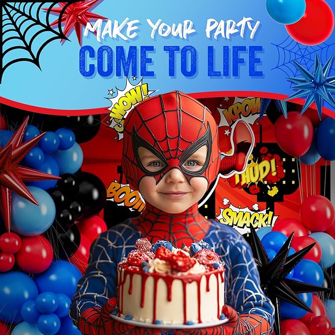 ALL-IN-1 Spider Balloon Arch Kit with BONUS Starburst for Spidy Birthday Decorations - Red Blue Spider Balloons for Spidy Man Party Decorations - Miles Birthday Decoration, Spidey Balloons
