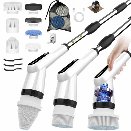 Electric Scrubber Brush, IPX7 Electric Scrubber for Shower, Electric Cleaning Brush Scrubber with 7 Replaceable Brush Heads & Retractable Handle, 2-Speed Adjustable Spin Cleaning Brush