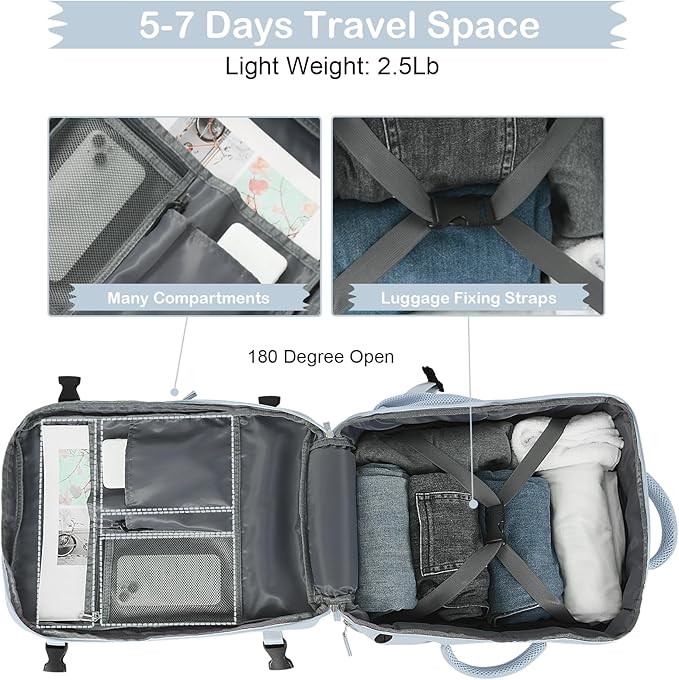 Hanples Large Travel Backpack for Women, 40L Carry on Luggage Backpack, 17 Inch Laptop Backpack with USB Charging Port, Waterproof Casual Bag Gift for Men with 2 Toiletry Bags (Light Blue)
