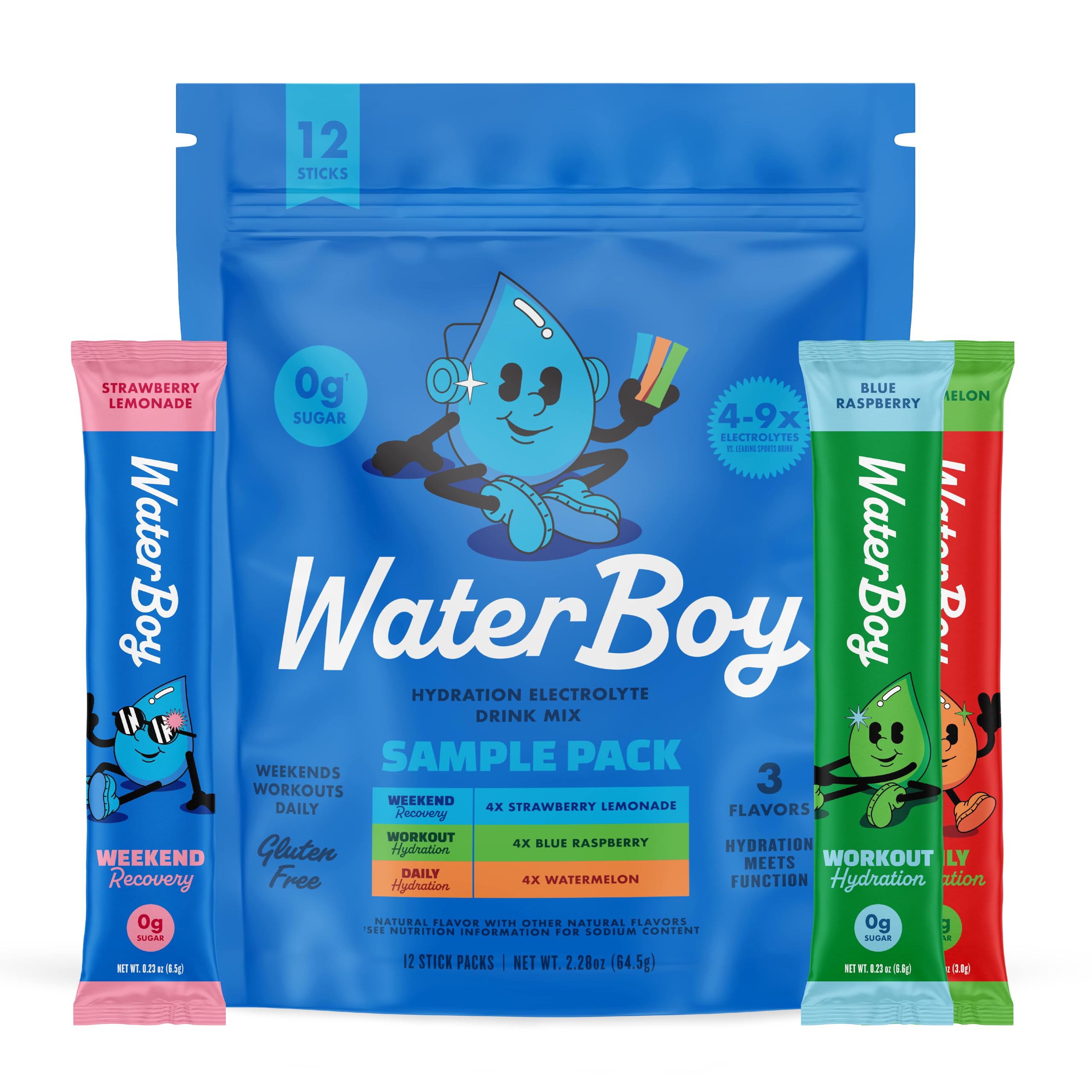 Waterboy - Hydration Recovery, Sample Pack, Sugar Free Electrolytes Powder Drink Mix - 12ct Hydration Packets