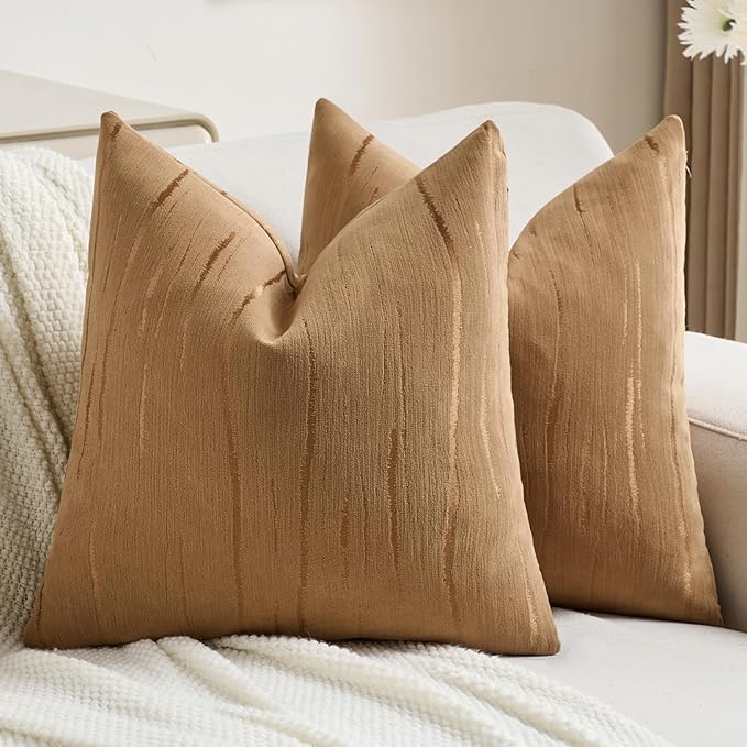 FUTEI Bronze Chenille Decorative Throw Pillow Covers 16x16 Inch Set of 2,Soft Embossed Striped Textured Cushion Case,Modern Home Decor for Couch Bed Living Room