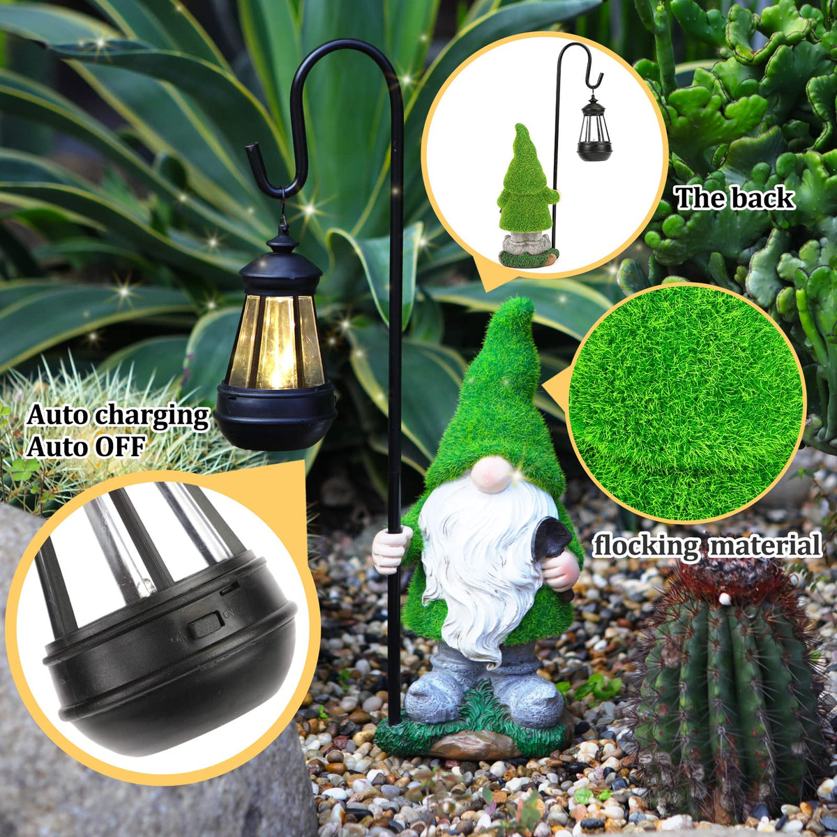 VChymm Flocked Solar Garden Gnomes Outdoor Statues 15.8”Outdoor Garden Decor LED Outdoor Decor Light Unique Housewarming Gifts Yard Art Sculptures for Patio Lawn Ornaments