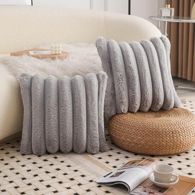 Neelvin Grey Faux Fur Cozy Soft Striped Decorative Throw Pillow Covers 24x24 inch Set of 2,Velvet Pillowcase Cushion Case for Sofa Couch