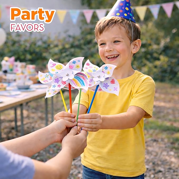 4E's Novelty DIY Pinwheels Craft for Kids (48 Pack) Color Your Own White Pinwheels, Bulk Summer Spring Craft Kit for Boys & Girls, Arts and Craft Party Activity, Church Easter Crafts
