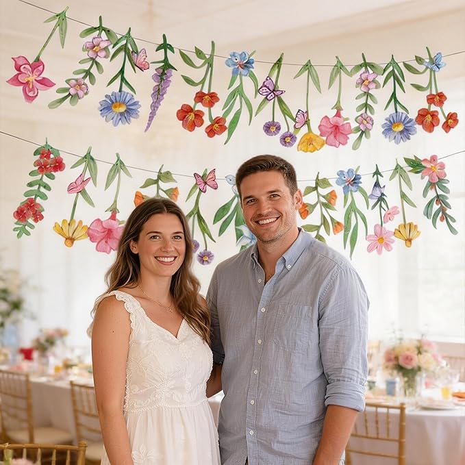 2Pcs Spring Wildflower Party Hanging Decorations, Watercolor Floral Banners Spring Wildflower Cutouts Garland Backdrop for Spring Summer Girls Garden Birthday Wedding Party Decor Supplies, 9.8Ft