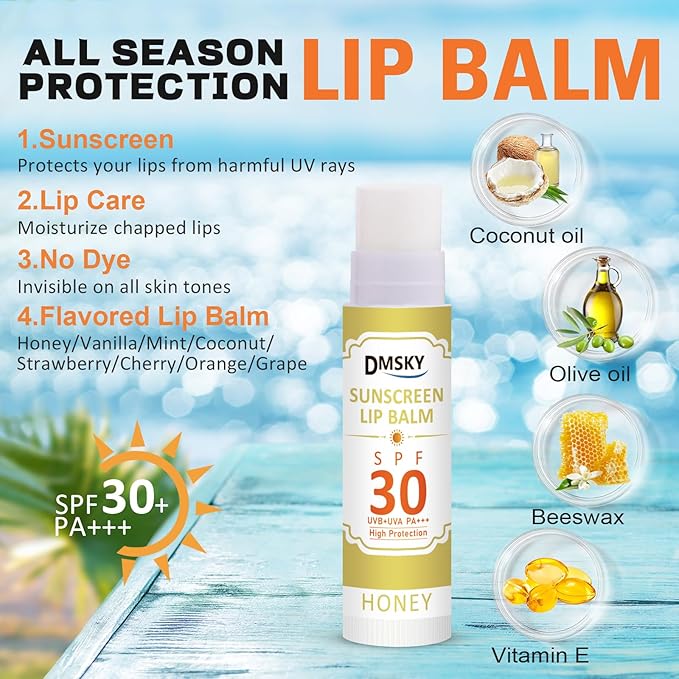 DMSKY SPF 30 Sunscreen lip balm, SPF Lip Balm Bulk Travel Size, Broad Spectrum UVA/UVB Protection, Bulk Lip Sunscreen for Dry Cracked Lips-8 Pcs