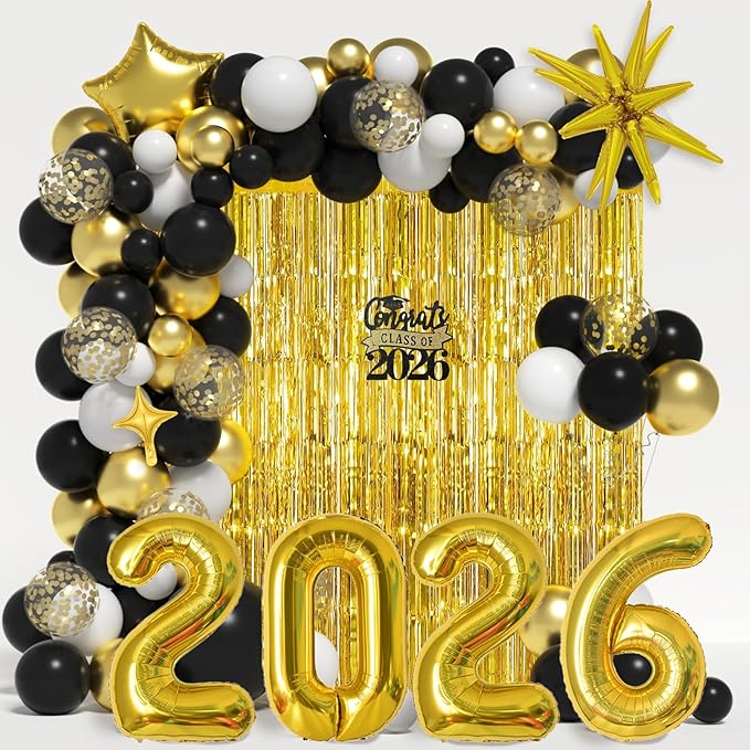 Graduation Balloon Garland Arch Kit for Graduation Decorations Class of 2026 - Black Gold and White Balloons Different Sizes 5 12 18 Inch Graduations Balloons Arch for Grad Party Supplies