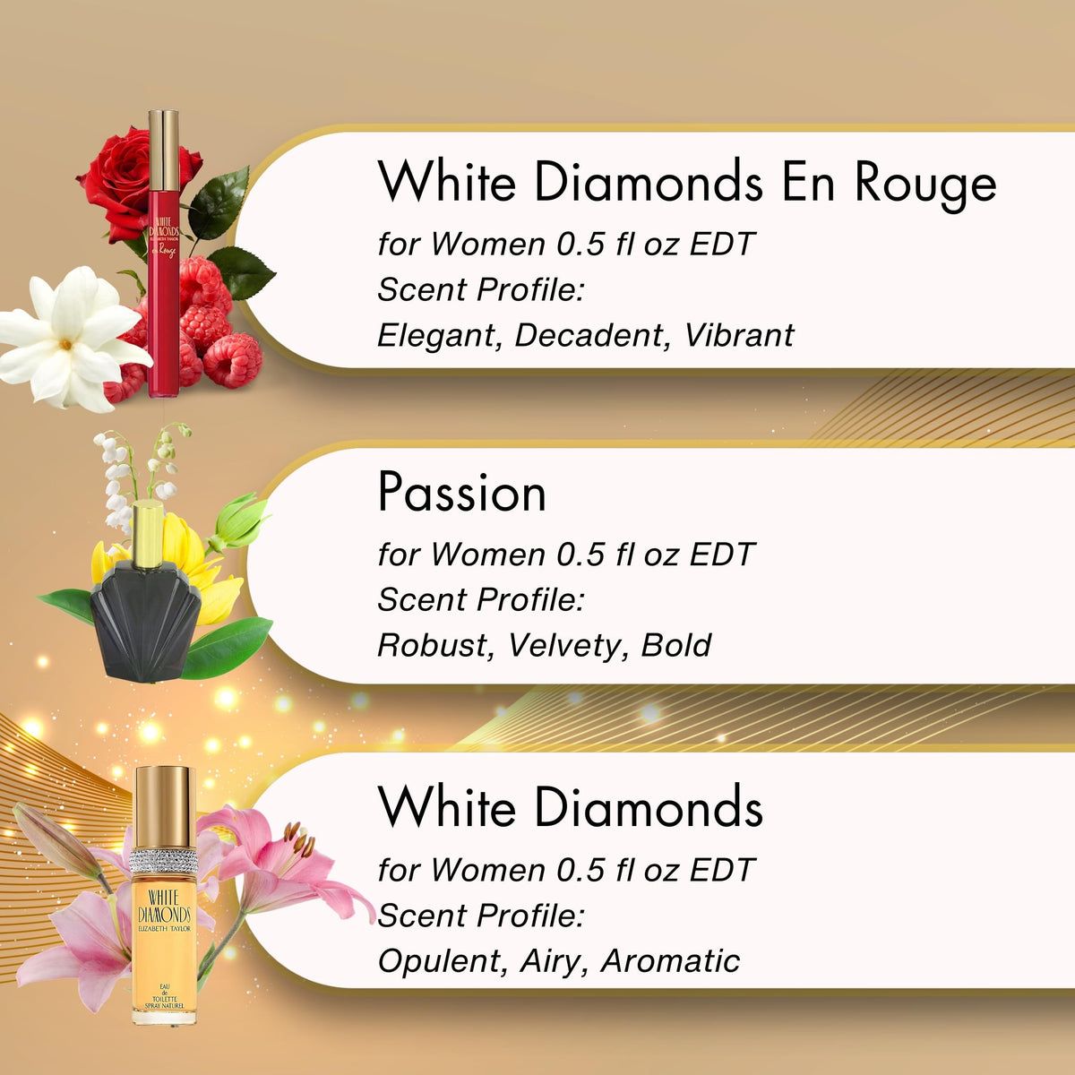 Elizabeth Taylor Fragrance Collection Eau de Toilette 3-Piece Set for Women (White Diamonds, Passion, White Diamonds En Rouge)