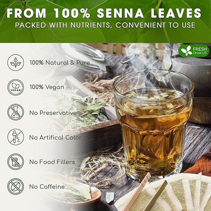 FreshDrinkUS, Premium 135 Senna Leaf Tea Bags for Constipation, Supports Your Cardiovascular System, 100% Natural & Pure. Loose Leaf Senna Herbal Tea, Made with Natural Material Tea Bags. Non GMO, No Sugar/ Caffeine/ Gluten, Vegan.