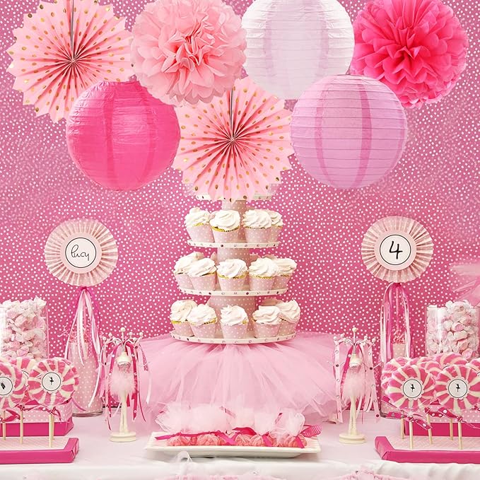 Rose Hot-Pink Valentines-Day Party-Decorations Streamers - 14pc Girl Birthday Baby Shower Paper Lanterns Fan,Tissue Pom Poms,Honeycomb Balls,Bachelorette Bridal Wedding Supplies Decor Lasting Surprise