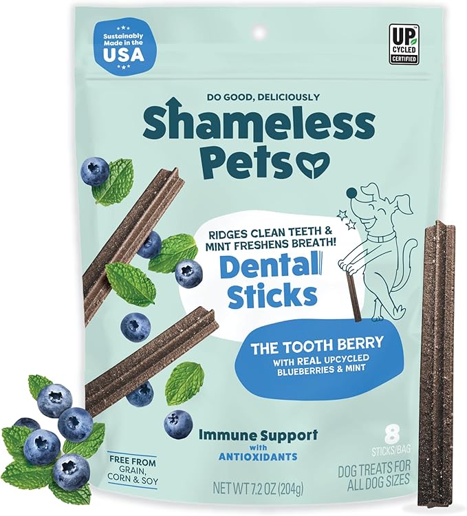 Shameless Pets Dental Treats for Dogs, The Tooth Berry - Healthy Dental Sticks with Immune Support for Teeth Cleaning & Fresh Breath - Free from Grain, Corn & Soy