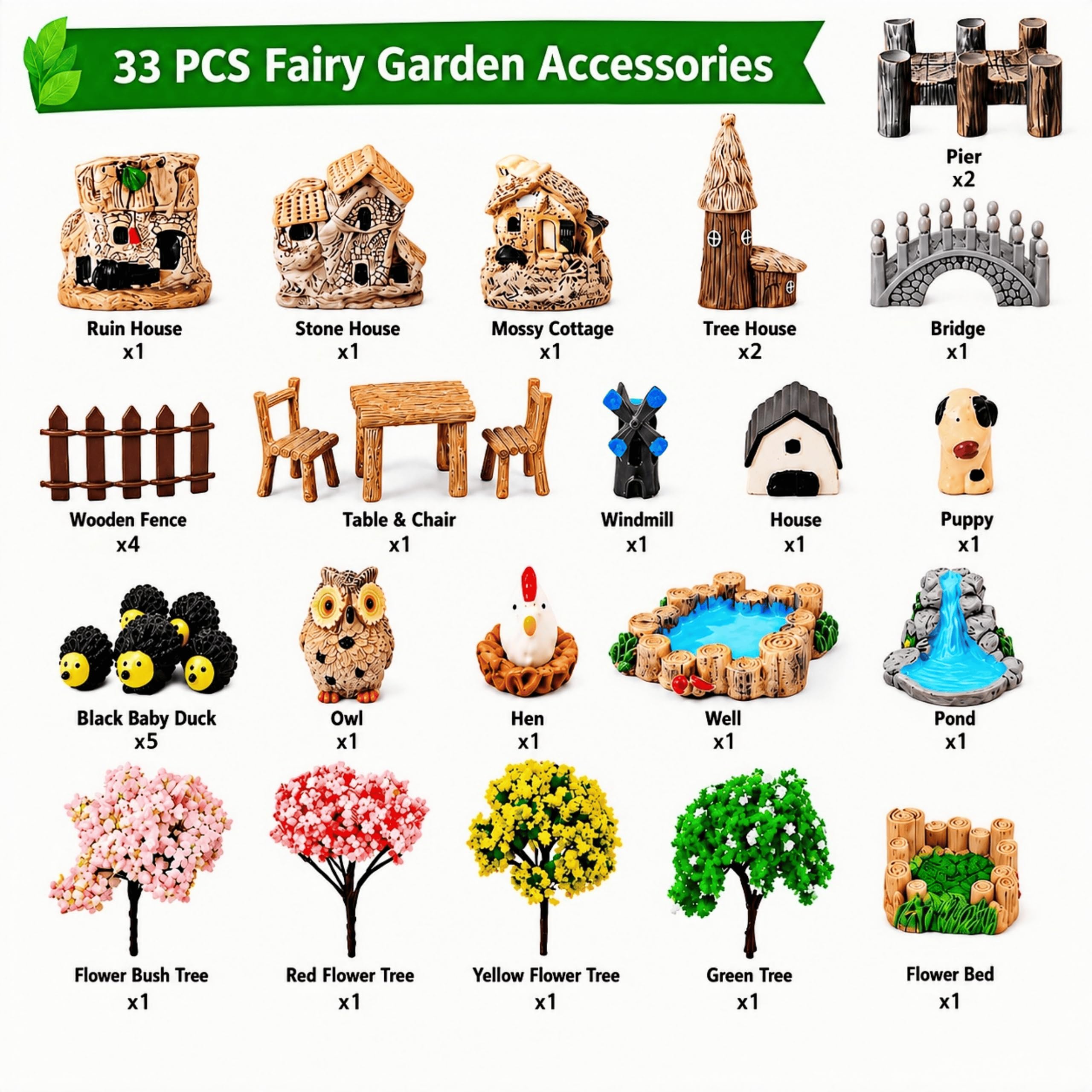 SangHW 33 Pcs Fairy Garden Kit, Resin Fairy House Accessories with Animal Figurines & Fences, Stable & Noticeable Terrarium Decor for Outdoor Planters and DIY Micro Landscapes