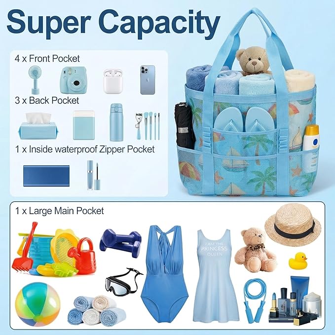 Mesh Beach Bags for Family - Women Beach Tote Bag for Toys, Towels, Travel Vacation Cruise Essentials