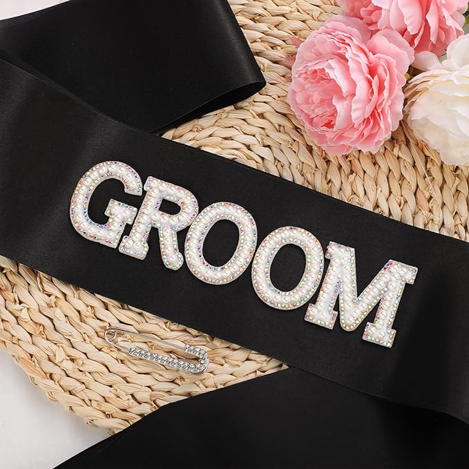 Etercycle Groom Sash, Bachelor Party Sash Wedding Decorations, Glitter Black Groomie Satin Sash For Wedding Engagement Party Favors Groom Bridal Shower Gifts With Diamond Pin