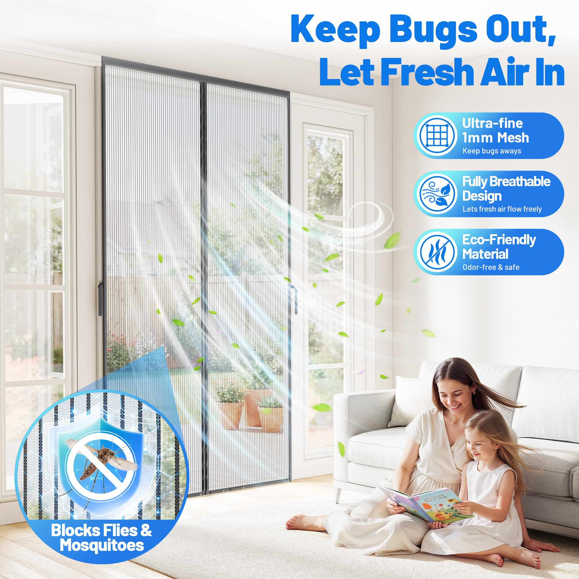 Heavy Duty Magnetic Screen Door Mesh - Auto-Sealing Hand-Free Door Net Screen with 50 Magnets, Pet & Kid Friendly, PET Fine Mesh Doors Screens Keep Bugs & Mosquitos Out Fits Front Doors Size 36” x 82”