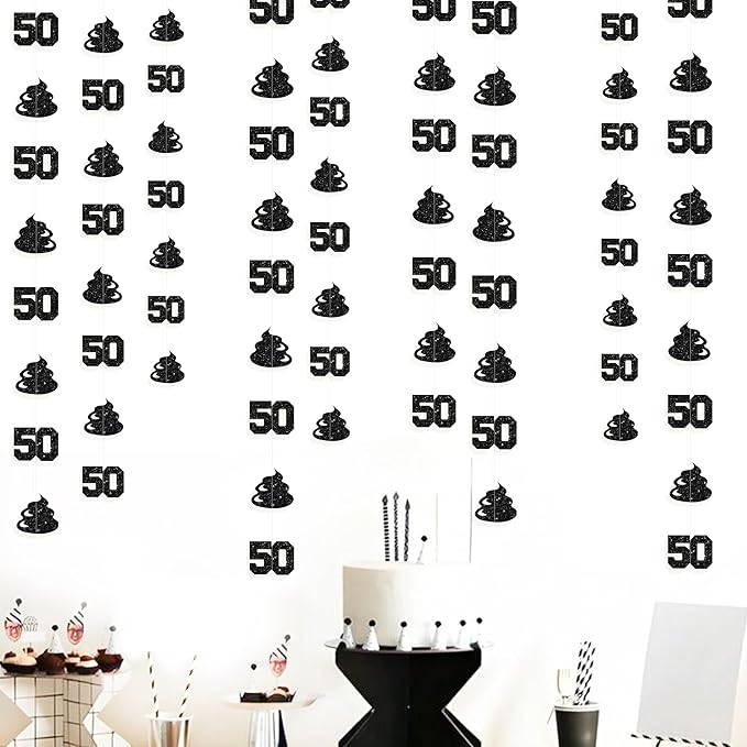 Black 50th Birthday Decorations Glitter Number 50 Birthday Garland Hanging Streamer Banner Backdrop for Women Mens Cheers to 50 Years Happy 50th Anniversary Funny 50th Bday Fiftylicious Party Decor