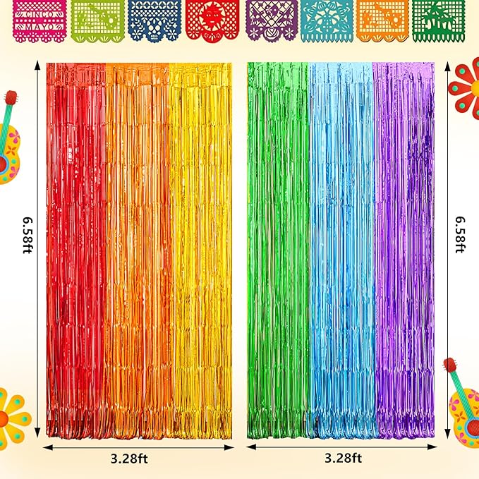 2Pack Rainbow Backdrop Curtains for Wedding Birthday, 3.3x8.2ft Fiesta Party Decorations Foil Fringe Curtains Backdrops, Rainbow Party Supplies for Halloween Metallic Tinsel Backdrop Party Streamers