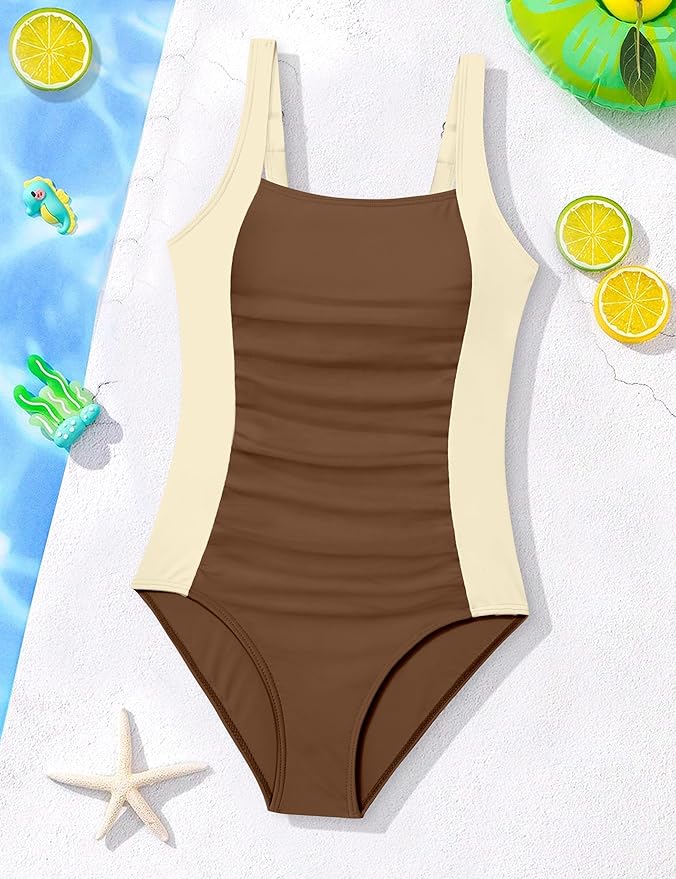 Girl Swimsuit One Piece Bathing Suit for Girls Solid Color Ruched Adjustable Straps Padded Swimwear 9-16y