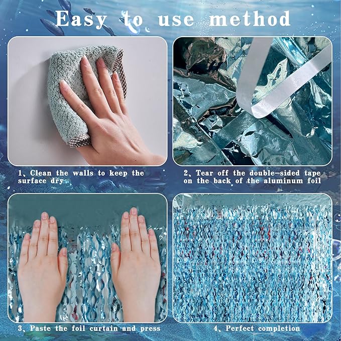 Blue Wave Shaped Streamers Ocean Themed Tinsel Foil Fringe Curtain with Bubble Garlands for Beach Under The Sea Party Decorations (6.6 feet Curtain 6 Bubble Garlands)
