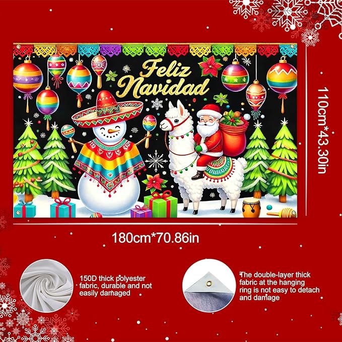 Merry Christmas Banner Winter Feliz Navidad Banner Mexican Christmas Backdrop Snowman Santa Llama Maracas Tree Ornament Scene 71x43 inch for Holiday Party Wall Decor