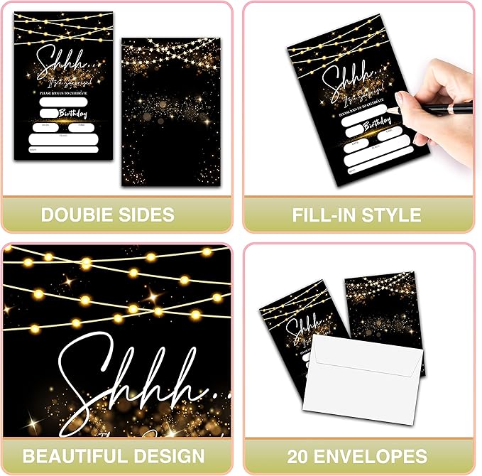 Surprise Birthday Invitations with Envelopes - Shhh It's A Surprise Party Invitation Card for Kids Adults - Black Gold Glitter Fill-in Invites Cards(20 Pack) -16