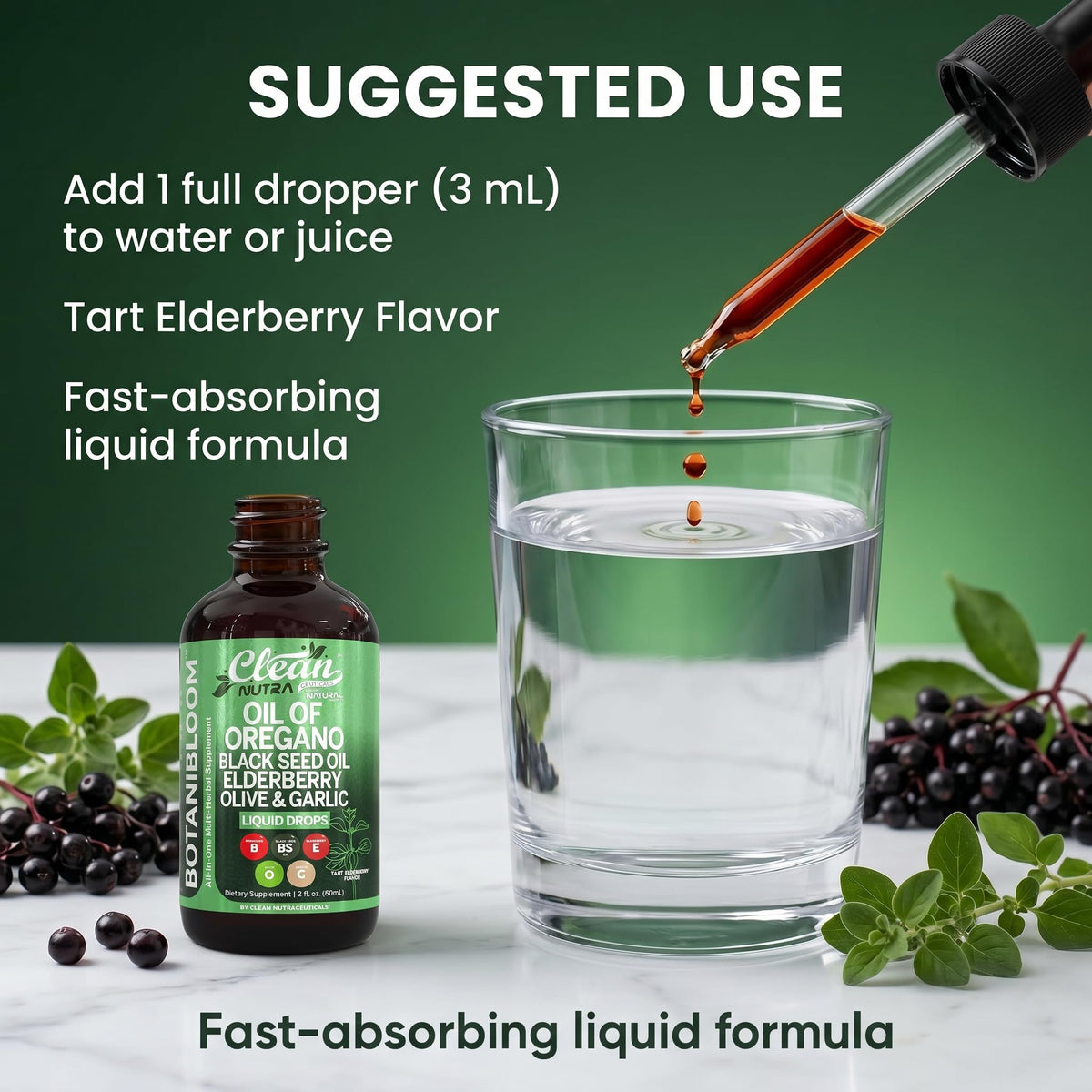 Clean Nutra Oil of Oregano Drops Black Seed Oil Elderberry Vitamin D D3 K2 Olive Garlic Immune Support Supplement Zinc Supplements Liquid 2 Fl Oz Vegan