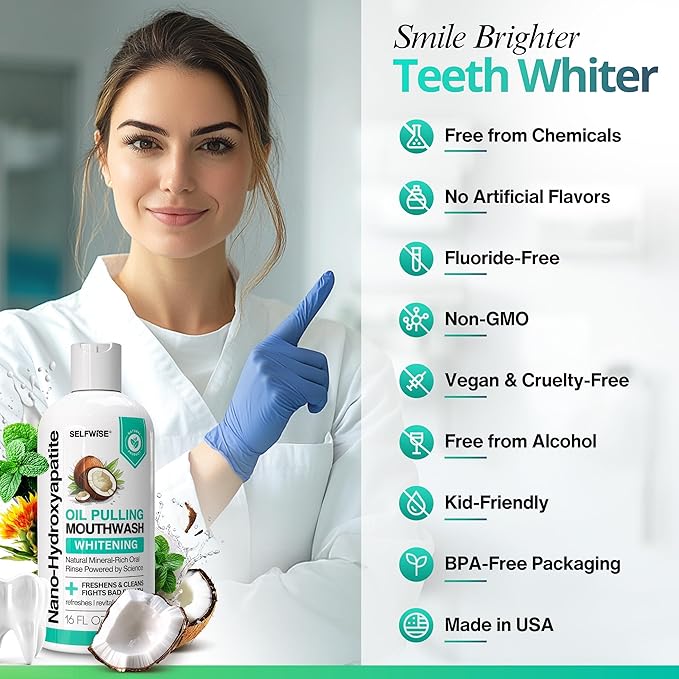 Nano-Hydroxyapatite Oil Pulling Whitening Mouthwash for Teeth and Gums, Natural & Organic, Whitens Teeth, Strengthens Enamel, Fights Bad Breath & Plaque – Smooth & Non-Greasy – for Adults - 16oz