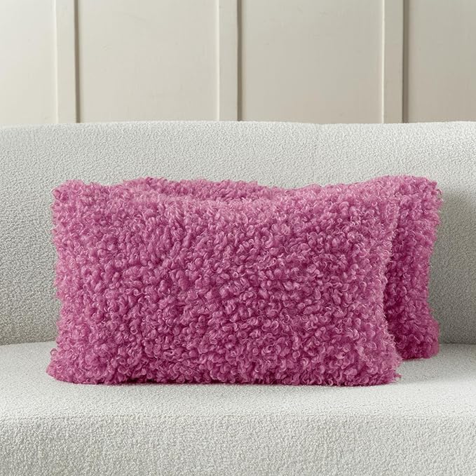 FUTEI Hot Pink Decorative Throw Pillow Covers 12x20 Inch Set of 2,Soft Fluffy Faux Wool Fur Boucle Textured Lumbar Pillow Case,Modern Home Decor for Couch Bed Living Room Office