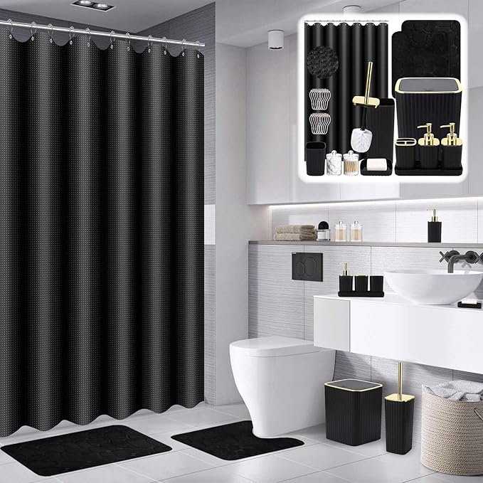 Bathroom Set with Shower Curtain and Rugs- 25PC Bathroom Accessory Set, Black Shower Curtain Set, Toilet Brush, Trash Can, Qtip Holder Dispenser & Soap Dispenser