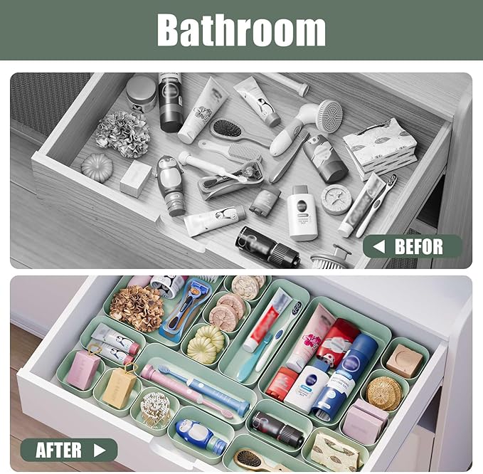 Plastic Drawer Organizers, 10 PCS Drawer Organizer Bins, Bathroom and Vanity Organizer Plastic Tray, Makeup organizer and storage for Makeup, Bedroom, Kitchen Gadgets Utensils and Office (Green)