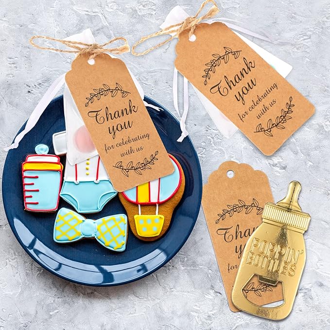 CHENGU Popping Bottle Openers Baby Shower Return Favors for Guests Bottle Opener Decorations and Souvenirs with Organza Bags Thank You Tags for Theme Party Favors (Retro Style,73 Pieces)