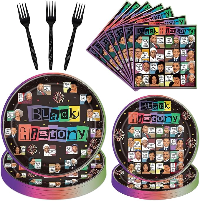 Rakuto Black History Month Decorations Tableware, 96PCS Juneteenth African American Famous People Disposable Paper Plates and Napkins Decoration, Happy June African Themed Party Forks Decor