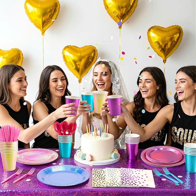 Iridescent Plates and Napkins Party Supplies Set for 25 Guests,Purple Disposable Tablecloth,Disco Style Plates for Birthday & Trendy Celebrations