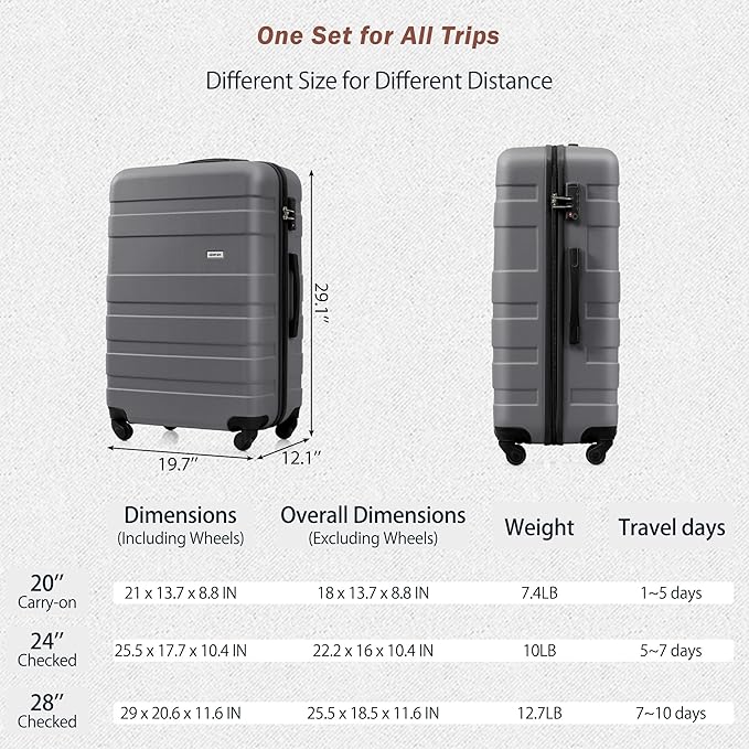 24 Inch Checked Suitcase with TSA Lock Travel Duffel Bag Wet-Dry Toiletry Bag, Grey