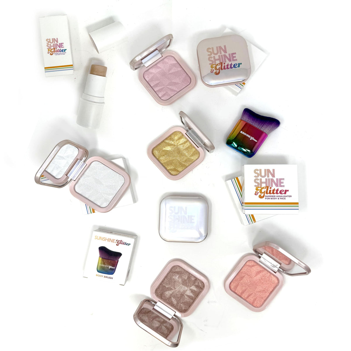 Sunshine & Glitter Pretty in Pink Glow Highlighter Compact – Radiant Shimmer Face Illuminator, Face Highlighter Makeup, Luminizer Powder for Glow, Contour & Highlight