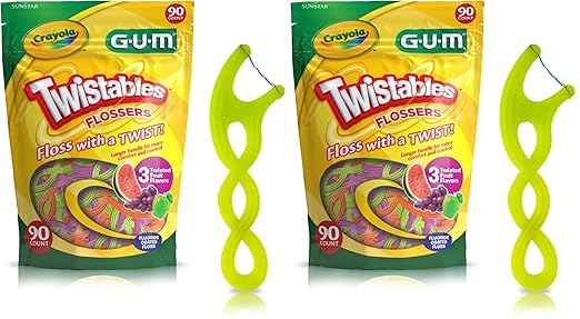 GUM Twistables Kids Flossers with Fluoride - Designed for Little Hands - Three Fun Fruit Flavors - Easy to Use Kids Floss Picks for Children Ages 3+, 90 Count (Pack of 2)