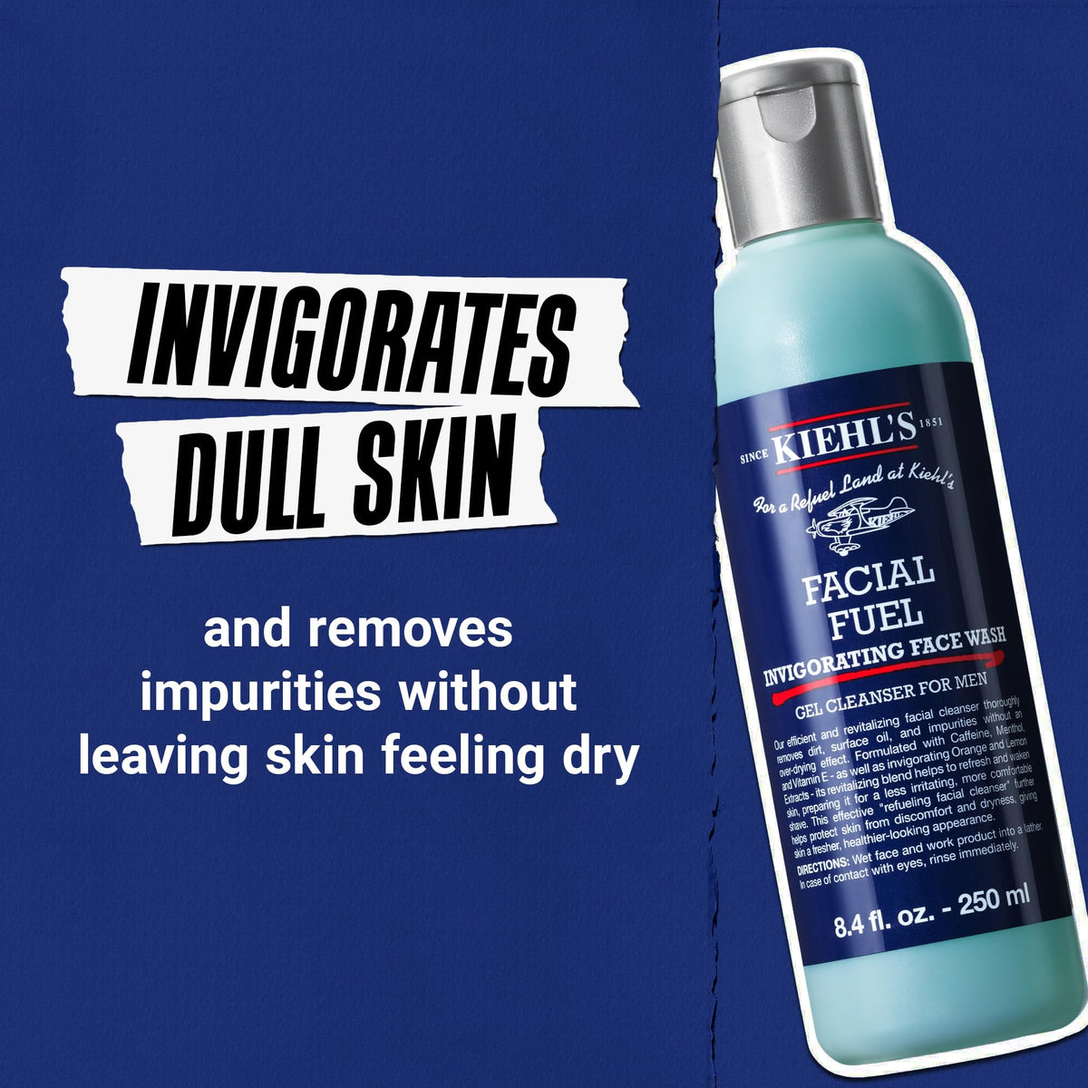 Kiehl's Facial Fuel Face Wash, Refreshing + Invigorating Men's Gel Cleanser, with Caffeine, Vitamin E and Menthol, Non-Drying Formula Moisturizes Skin, Great for Clogged Pores - 8.4 fl oz