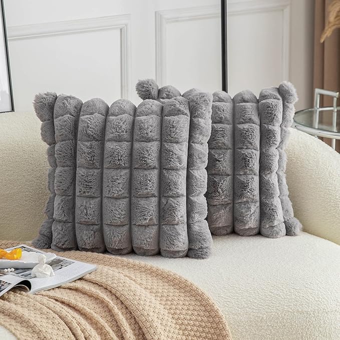 Neelvin Grey Faux Fur Cozy Soft Plaid Decorative Throw Pillow Covers 24x24 inch Set of 2,Velvet Pillowcase Cushion Case for Sofa Couch