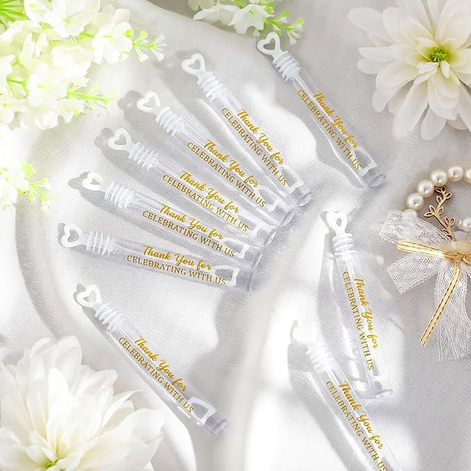 50 Packs Thank You for Celebrating with Us Bubbles Wedding Proposal Table Decorations White Heart Bridal Shower Favors Guests Gifts for Wedding Engagement Birthday Party Supplies(Gold)