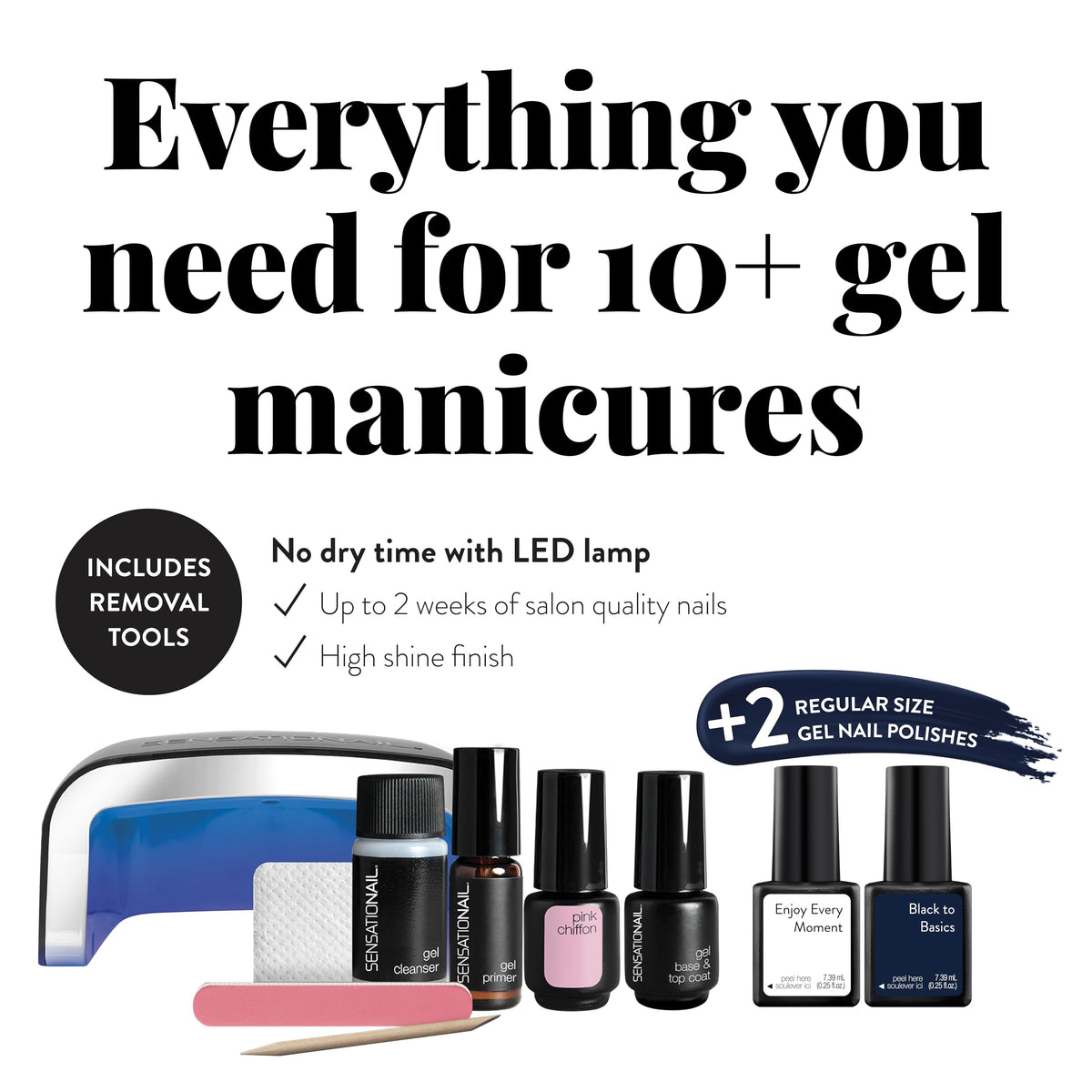 Sensationail Complete Gel Nail Polish Starter Kit - Long-Lasting Salon Grade Manicure Kit with UV Lamp - Includes Primer, Base & Top Coat, Cleanser, & More - Includes White, Black, & Pink Gel Polish