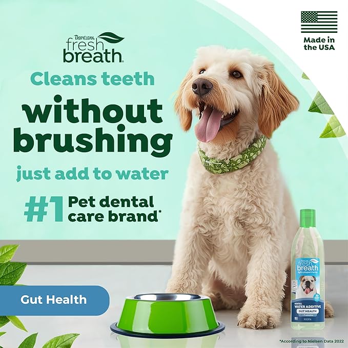 TropiClean Fresh Breath Water Additive for Dogs with Prebiotics, Gut Health for Dogs, Breath Freshener and Teeth Cleaning Solution, 16oz.