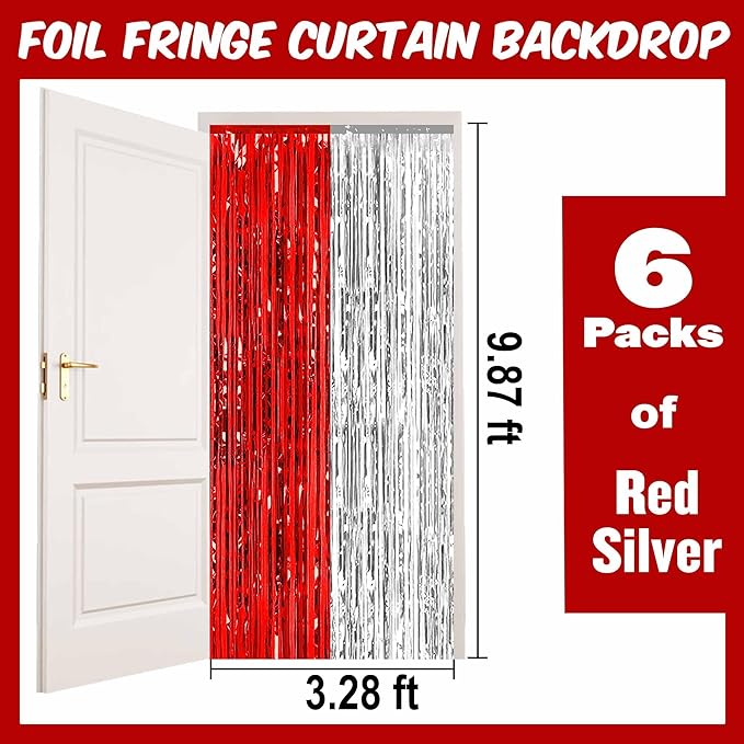 6 Pack Red and Silver Foil Fringe Curtains Backdrop, 3.28 x 9.8 Ft Metallic Streamers Tinsel Curtains Background for Photo Booth, Birthday, Halloween, Christmas, New Year Party Decorations