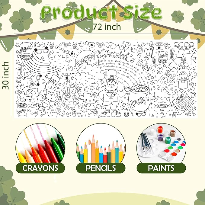 St Patricks Day Giant Coloring Tablecloth,St Patricks Day Crafts for Kids - 72x30 Inches, Paper Coloring Banner Games Activities Gifts Party Decorations