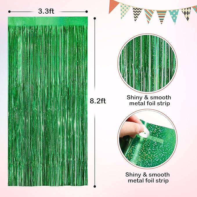 Green Metallic Tinsel Foil Fringe Curtains, 2 Pack 3.3x8.3 Feet Party Streamer for Birthday Party Decorations, Halloween Decor, Foil Curtain Backdrop for Christmas Party Decorations