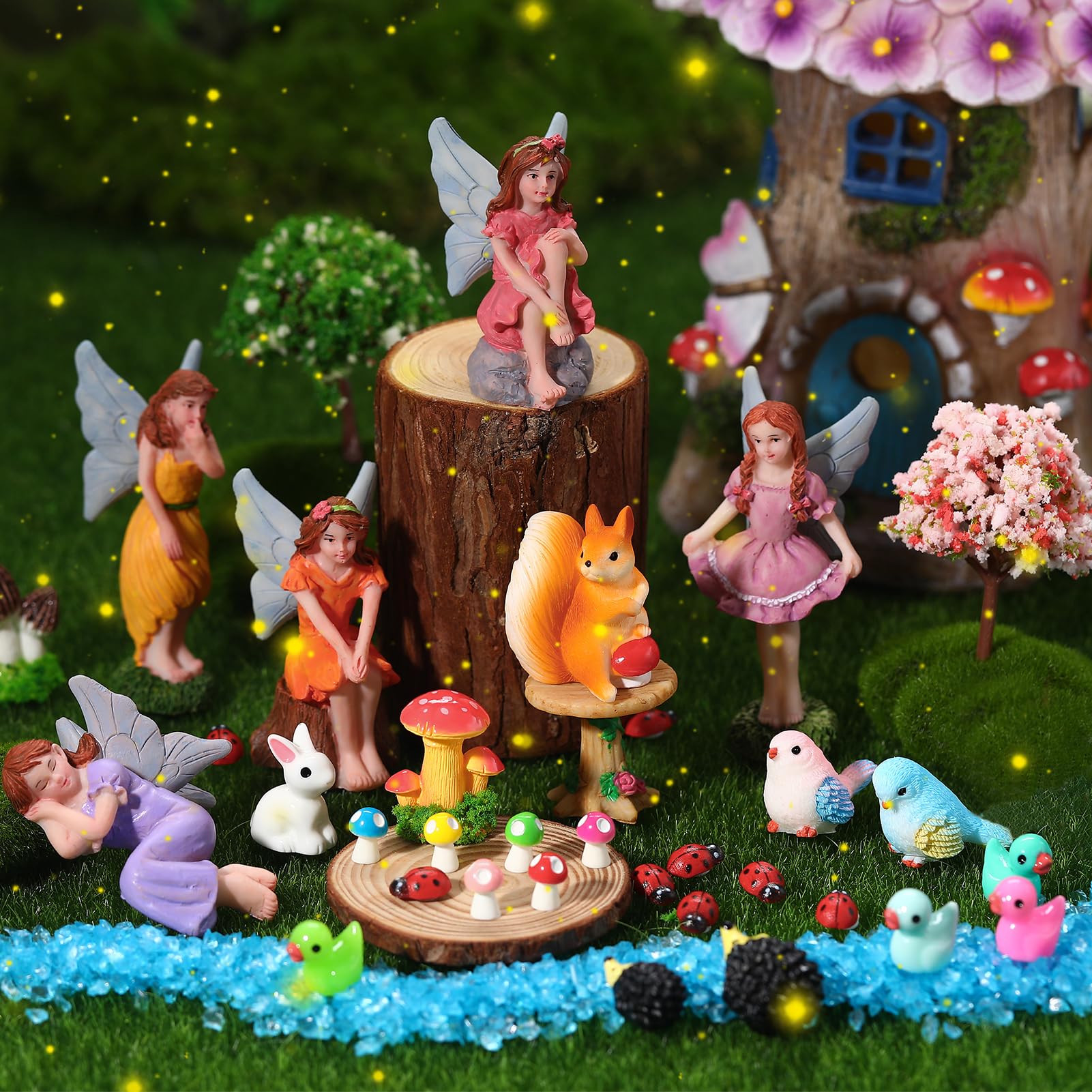 GGSTDDUP 70 Pcs Fairy Garden House Resin Kit Glowing Tree House Miniature Garden Fairy Animals Garden Accessories Decor Outdoor Mini Landscape Ornaments
