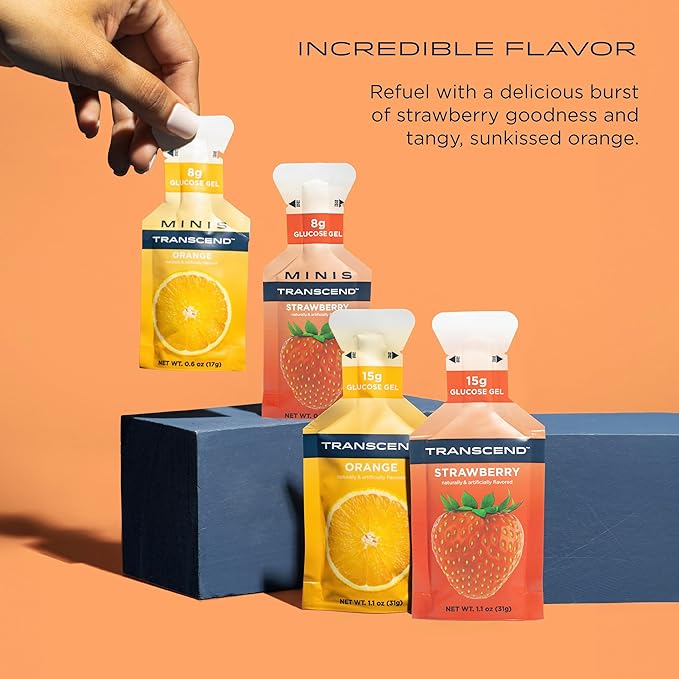 Transcend Foods Strawberry + Orange Gels (1.1 oz, Pack of 10) Fast-Acting Carb Gel Strawberry and Orange Flavor – Caffeine Free, Gluten Free