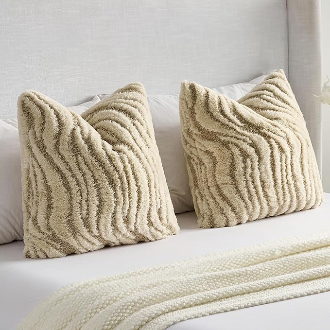 FUTEI Beige Decorative Throw Pillow Covers 26x26 Inch Set of 2,Soft Faux Fur Geometric Shapes Texture Euro Pillow Shams,Boho Home Decor for Couch Bed Living Room