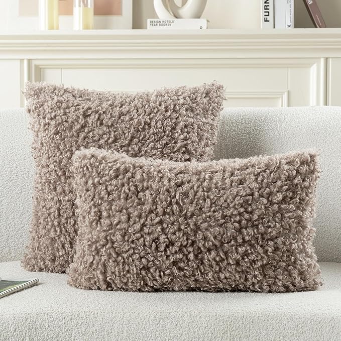 FUTEI Khaki Decorative Throw Pillow Covers 26x26 Inch Set of 2,Soft Fluffy Faux Wool Fur Boucle Textured Euro Pillow Shams,Modern Home Decor for Couch Bed Living Room Office