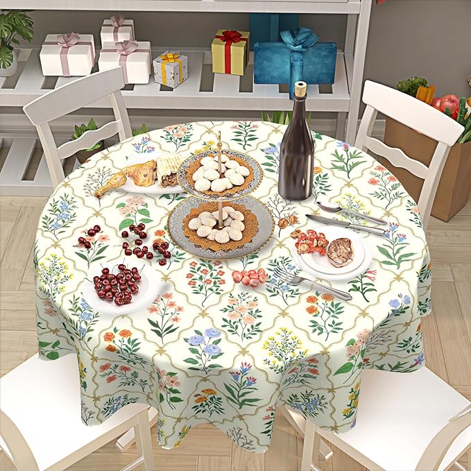 Spring Floral Round Tablecloth Wildflower Circle Table Cloth 70 Inch Beige Vintage Rustic Farmhouse Table Cover Washable Polyester Indoor for Home Kitchen Dinning Party Decor
