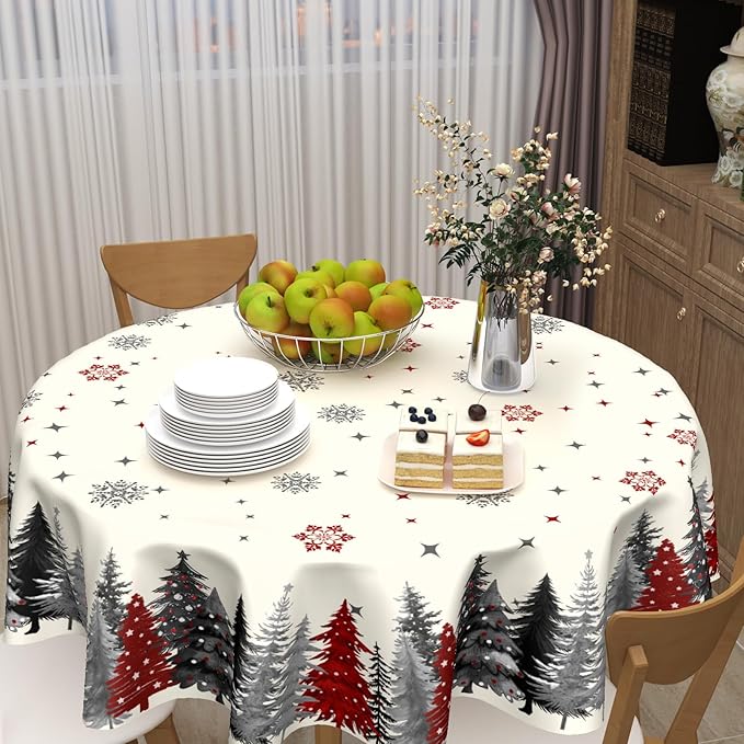 Christmas Snowflake Round Tablecloth 60 Inch Gary and Red Xmas Tree Pattern Circle Table Cloth Winter Holiday Table Cover for Home Kitchen Dinning Party Decor